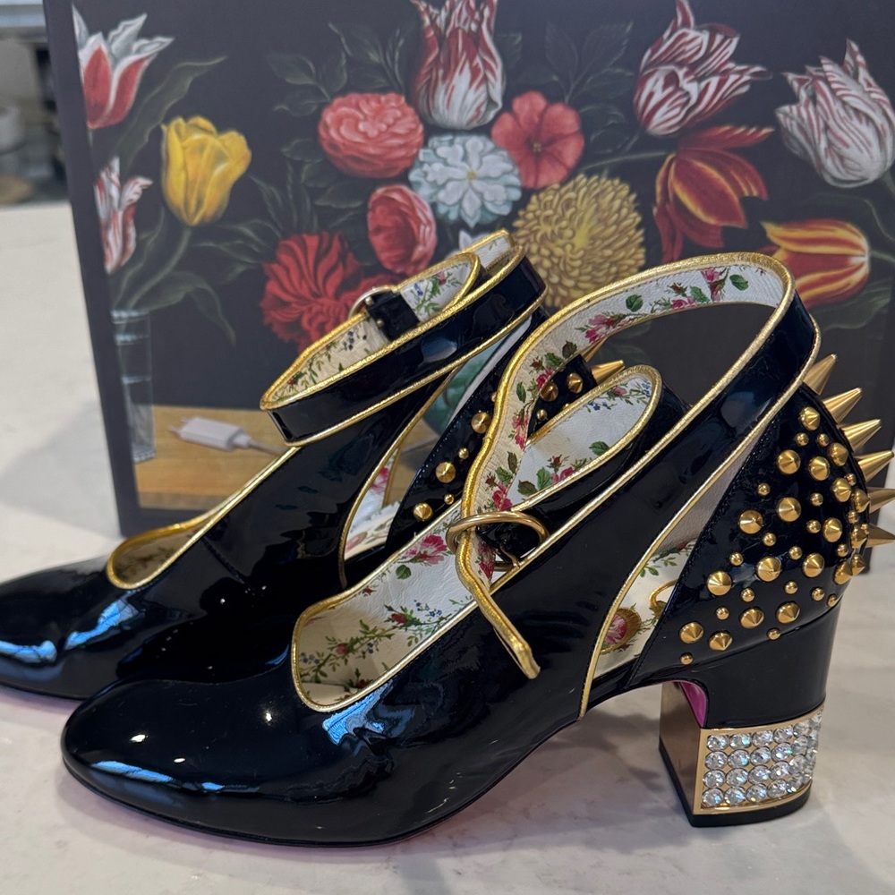 Gucci Black and Gold Spiked Heels